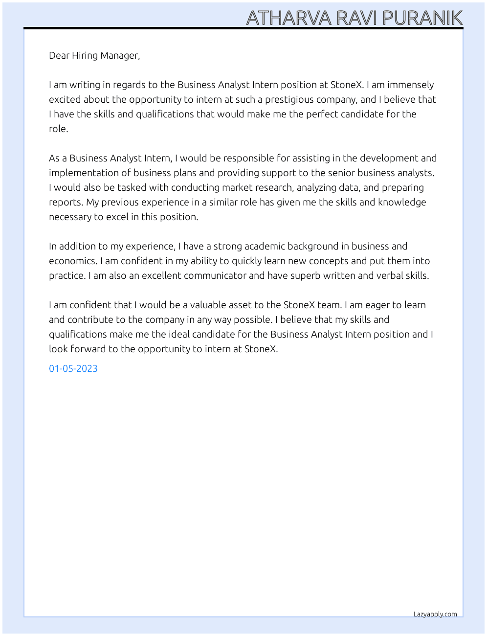 Business Analyst Intern At StoneX Cover Letter