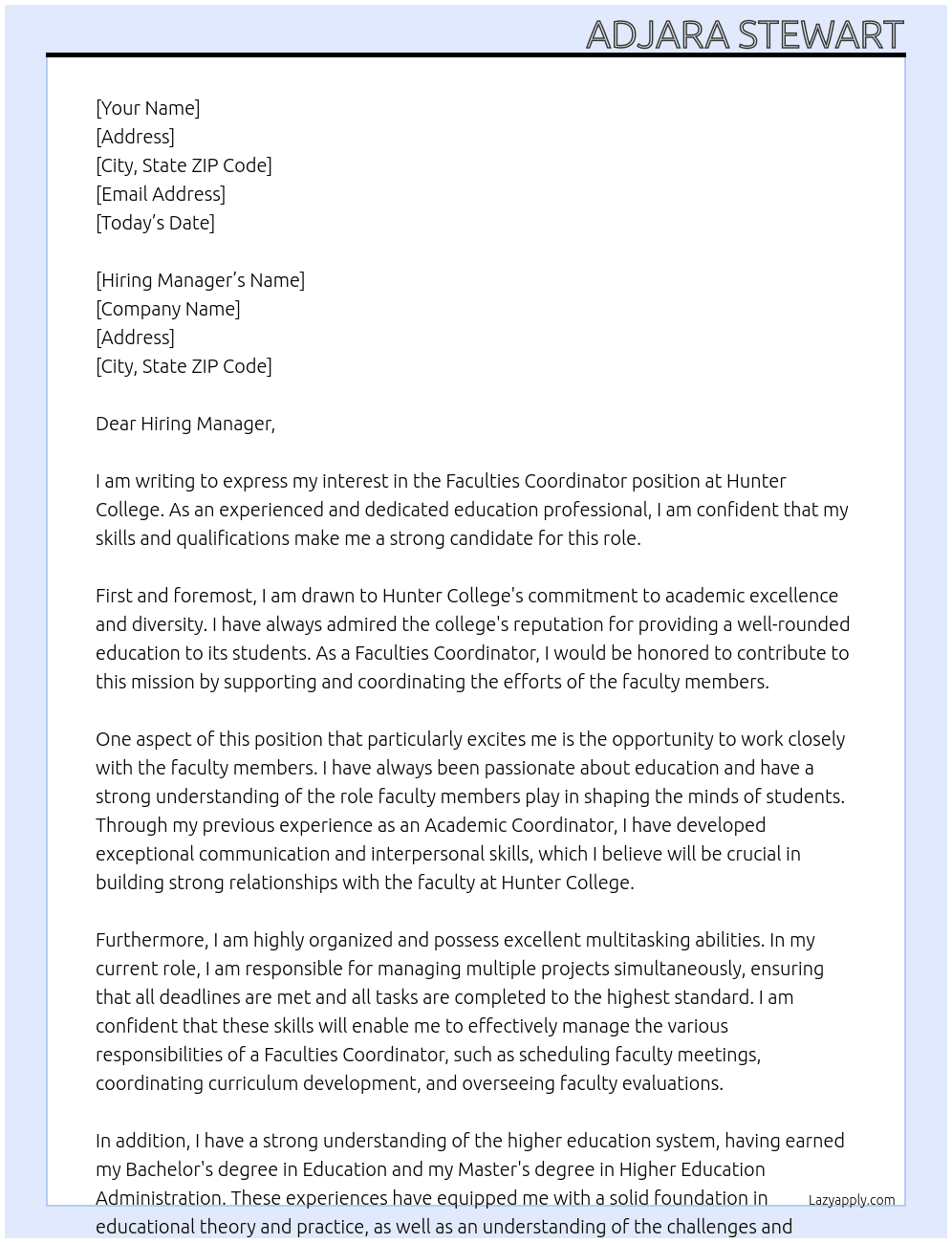 Faculties coordinator  At Hunter College  Cover Letter