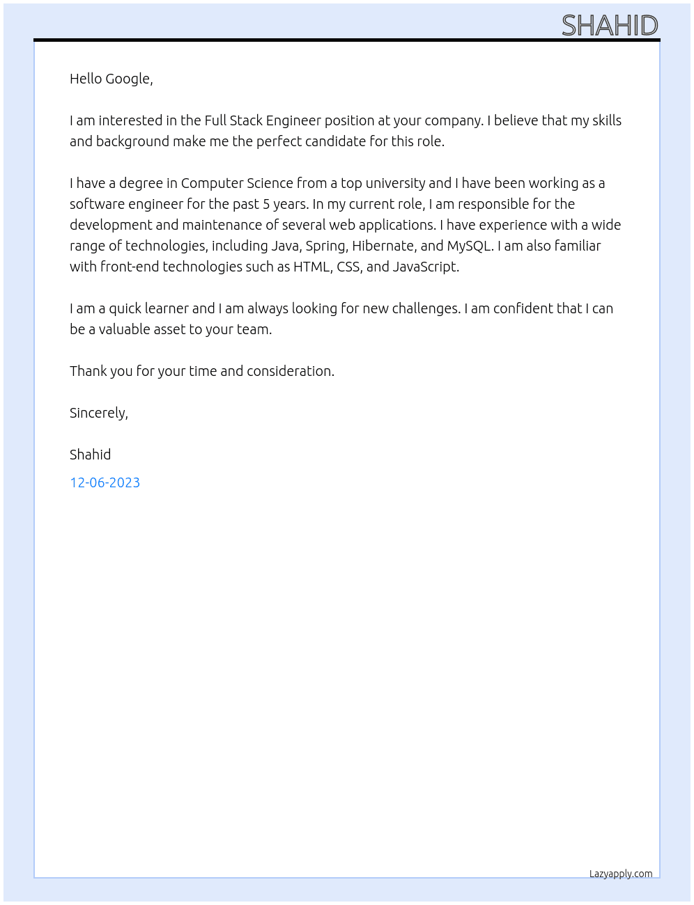 Full Stack Engineer At Google Cover Letter