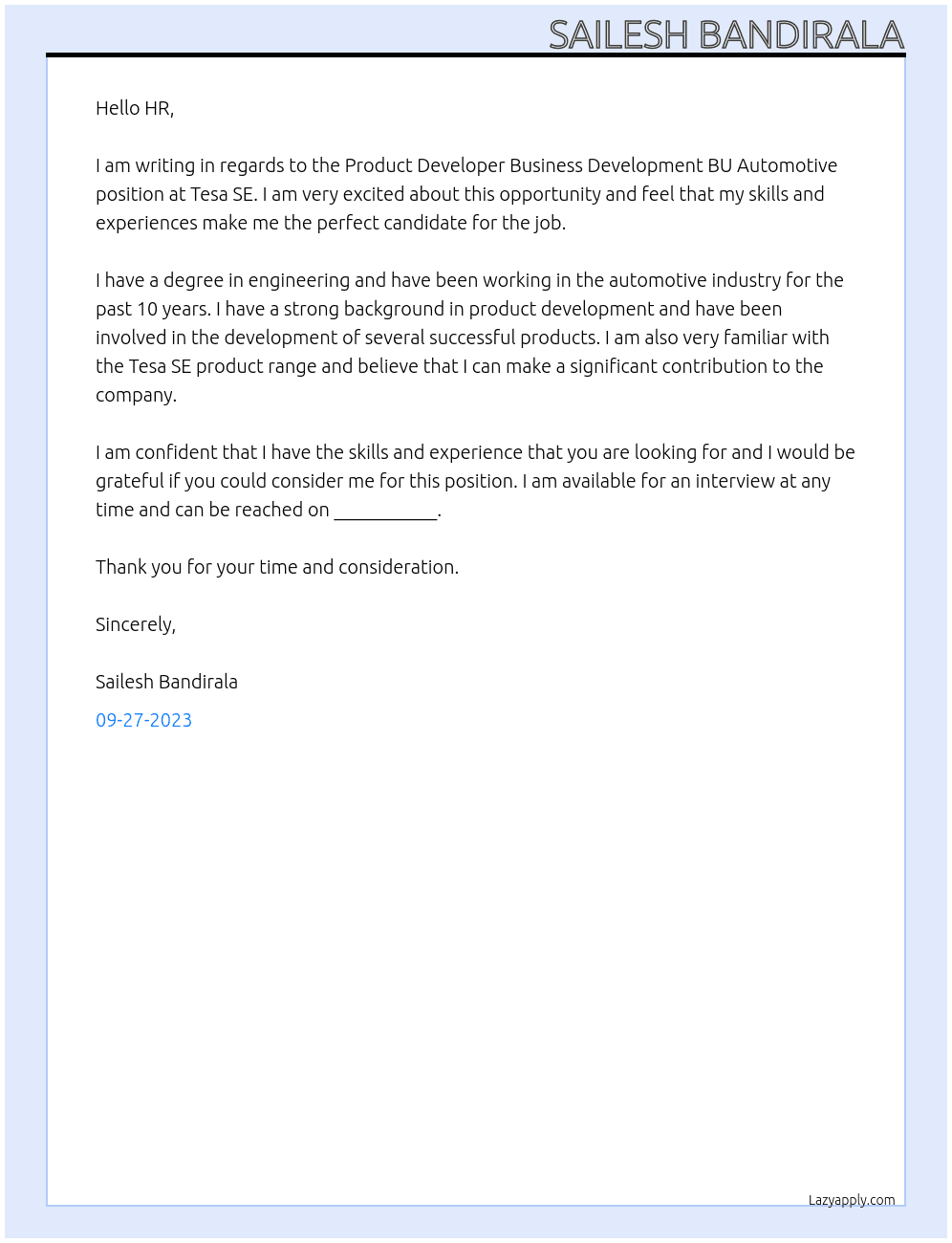 Product Developer Business Development BU Automotive At Tesa SE Cover Letter