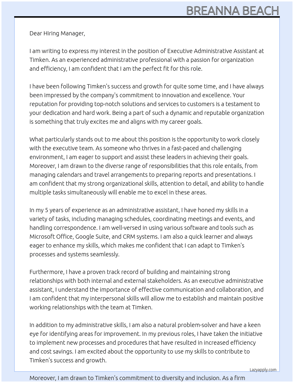 Executive Administrative Assistant At Timken Cover Letter