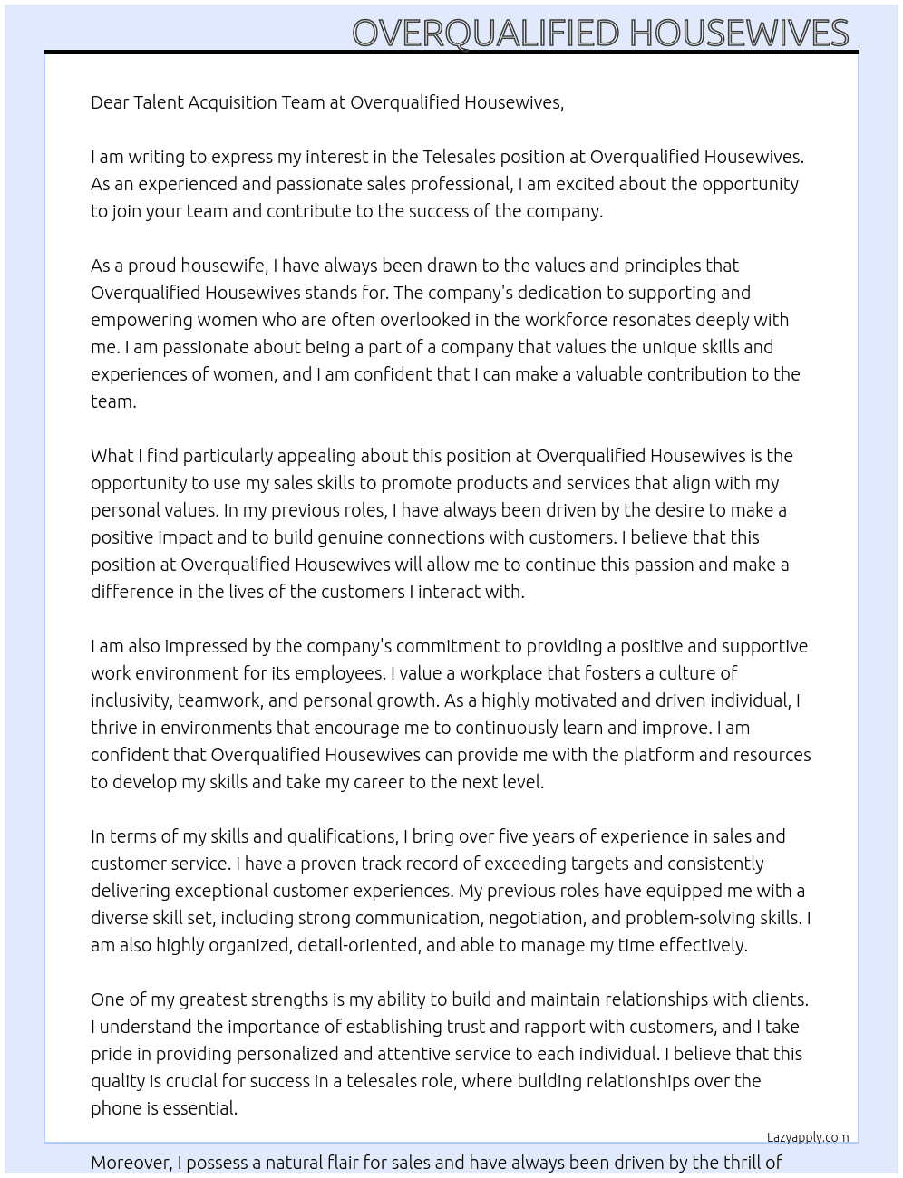 Telesales At Overqualified Housewives  Cover Letter