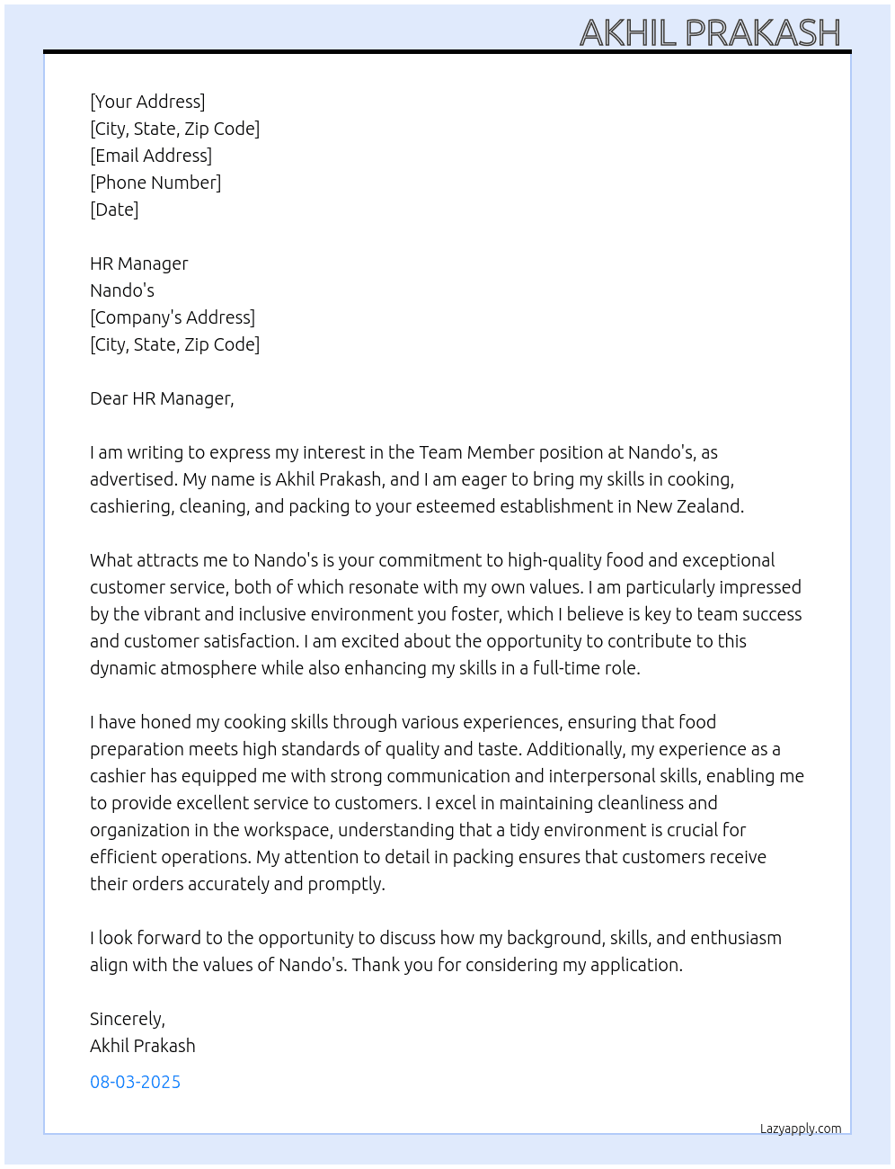Team Member At Nando's Cover Letter