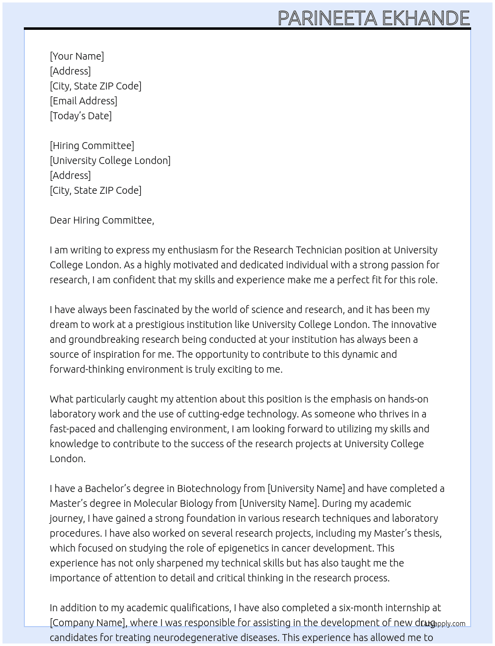 Research Technician At University College London Cover Letter