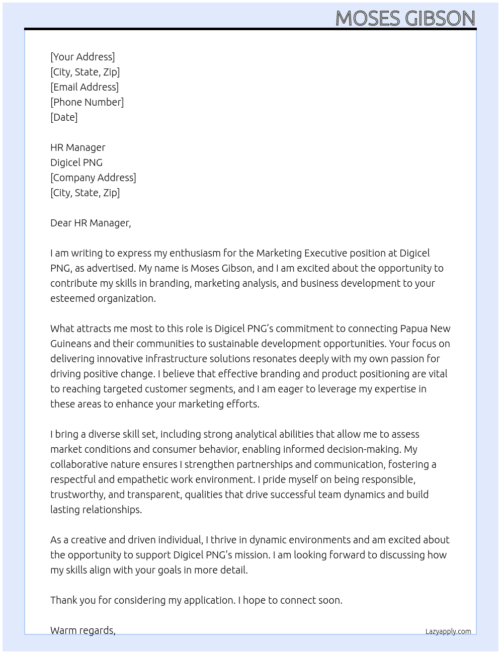 marketing executive At Digicel PNG Cover Letter