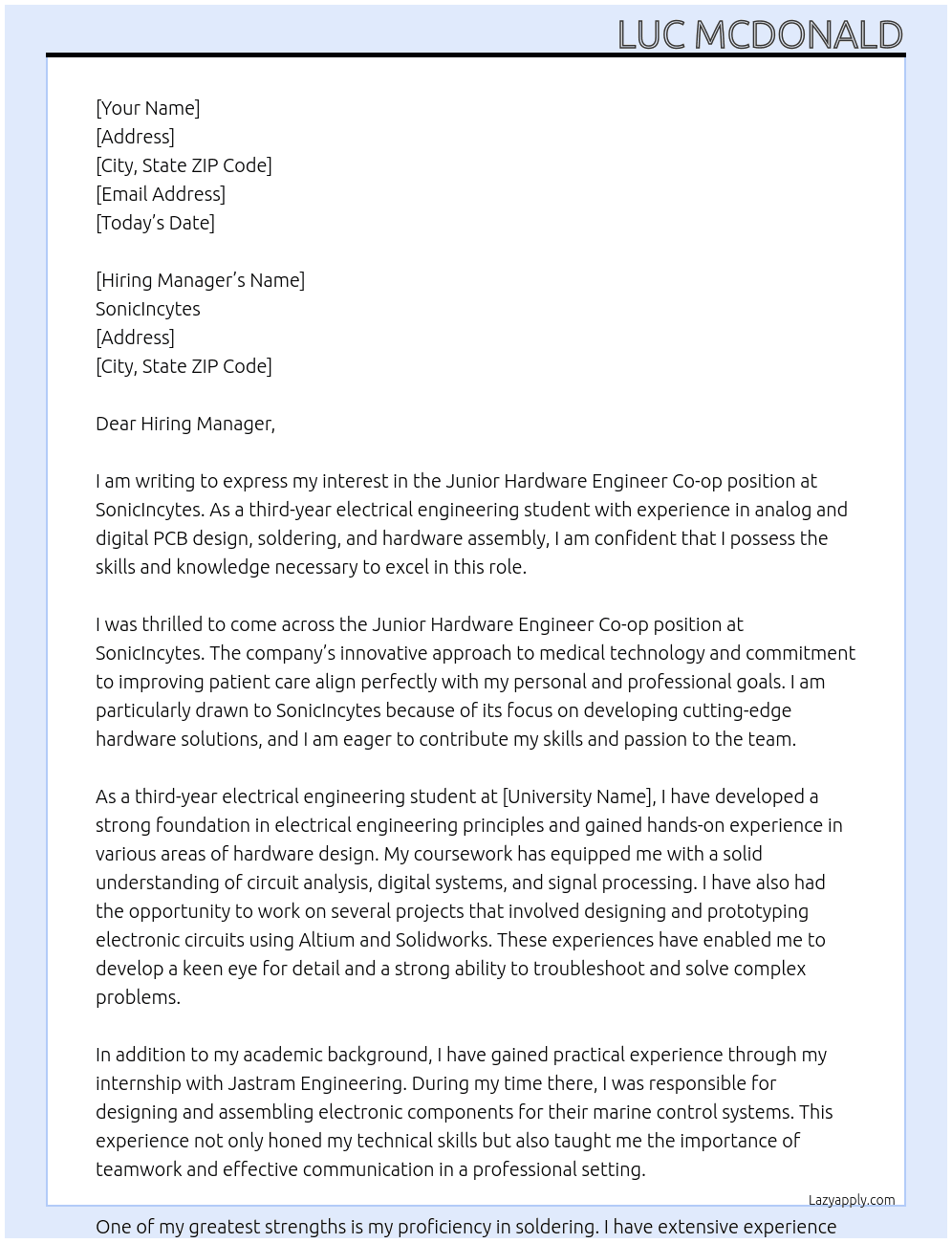 Junior Hardware Engineer Co-op At SonicIncytes Cover Letter
