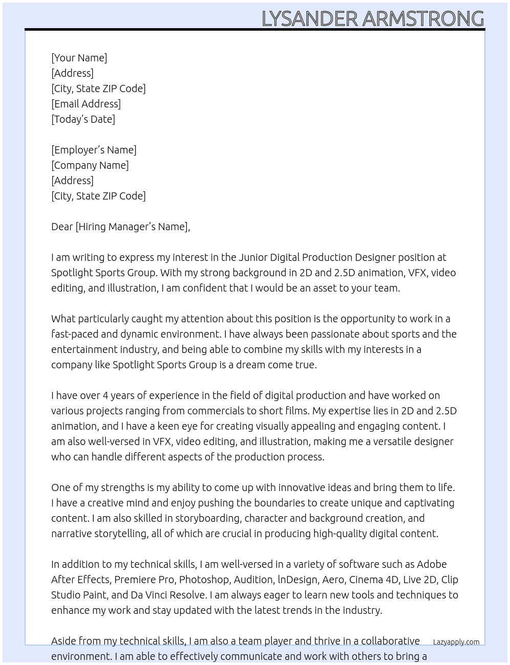Junior Digital Production Designer At Spotlight Sports Group Cover Letter