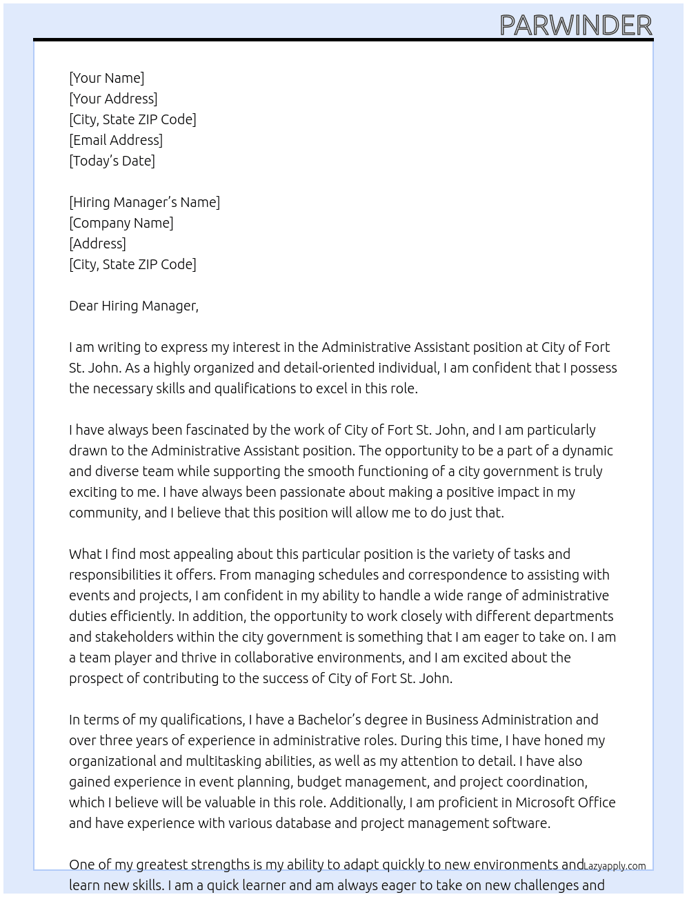 administrative assistant At City Of Fort St. John Cover Letter