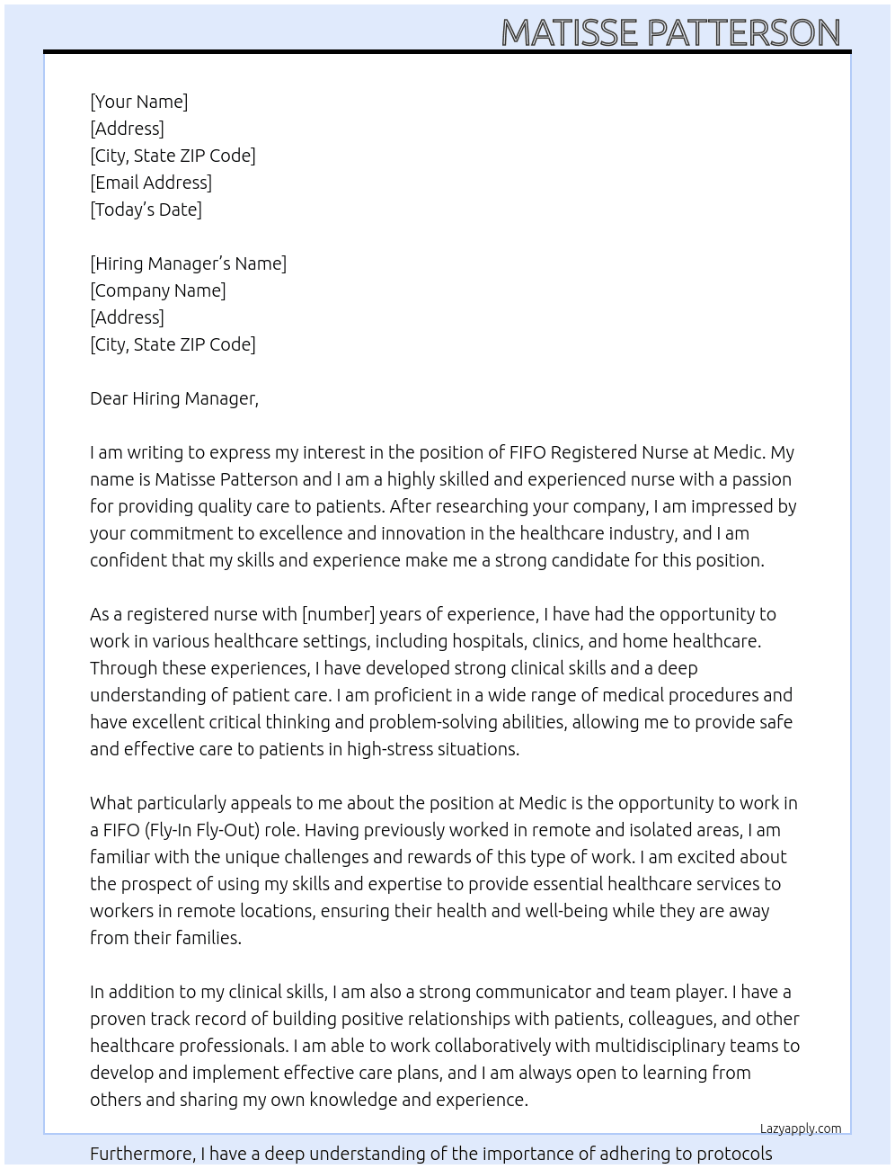 FIFO registered Nurse At Medic Cover Letter