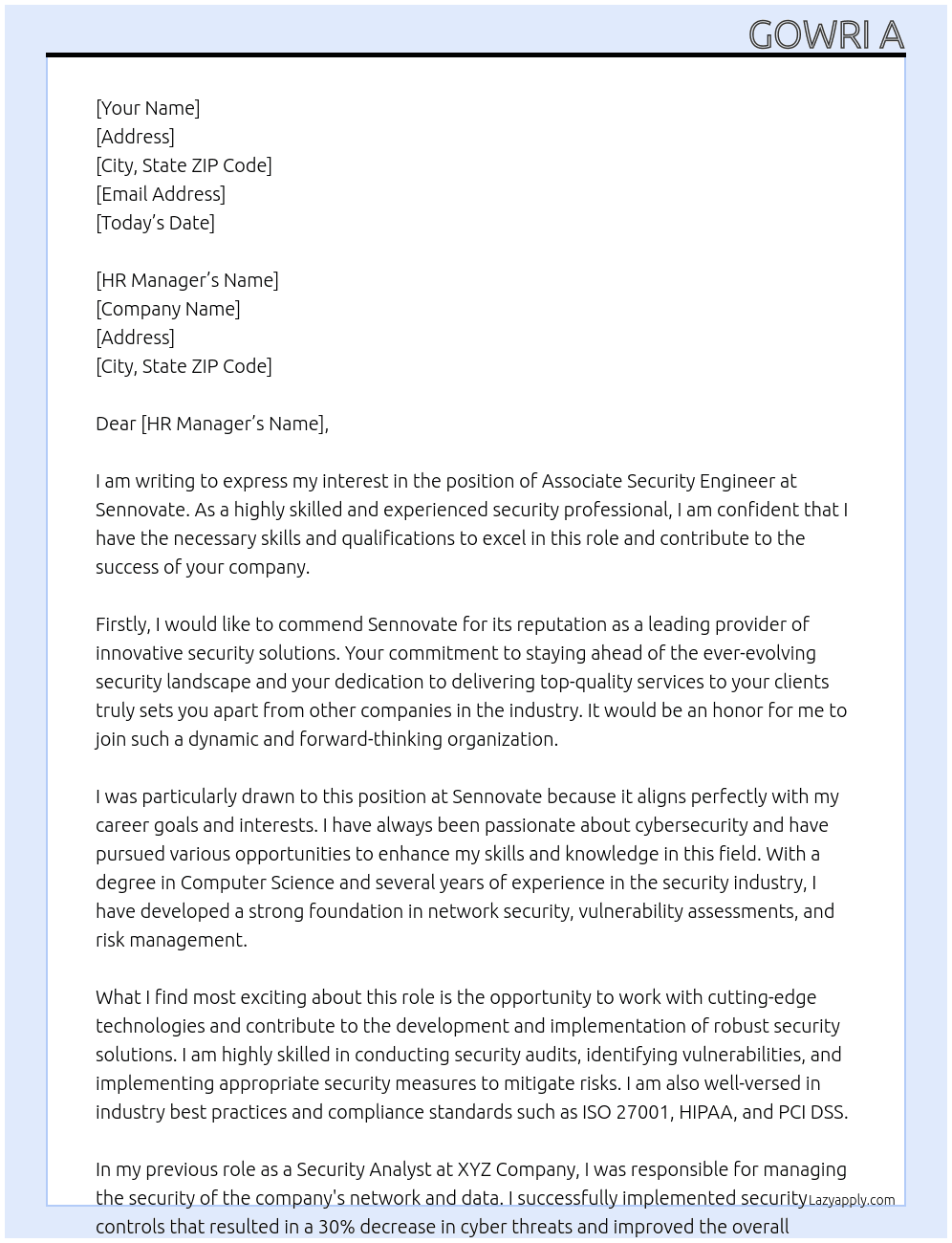 Associate security engineer  At Sennovate Cover Letter