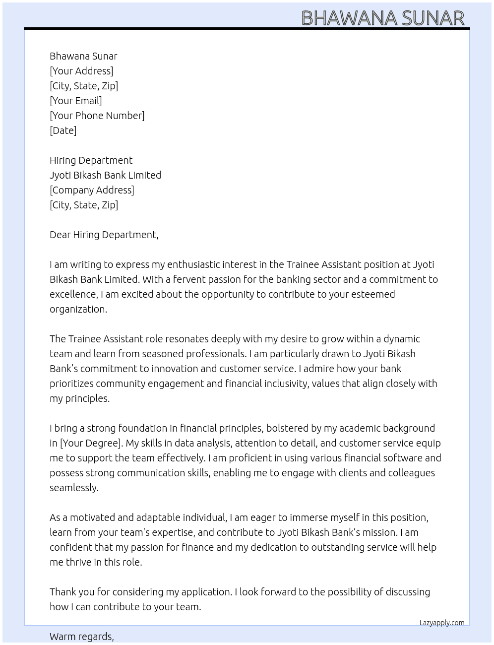 Trainee Assistant  At Jyoti Bikash Bank limited Cover Letter