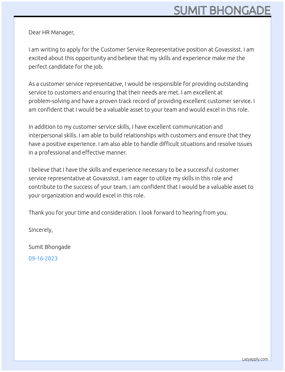 Customer Service Representative At Govassisst Cover Letter