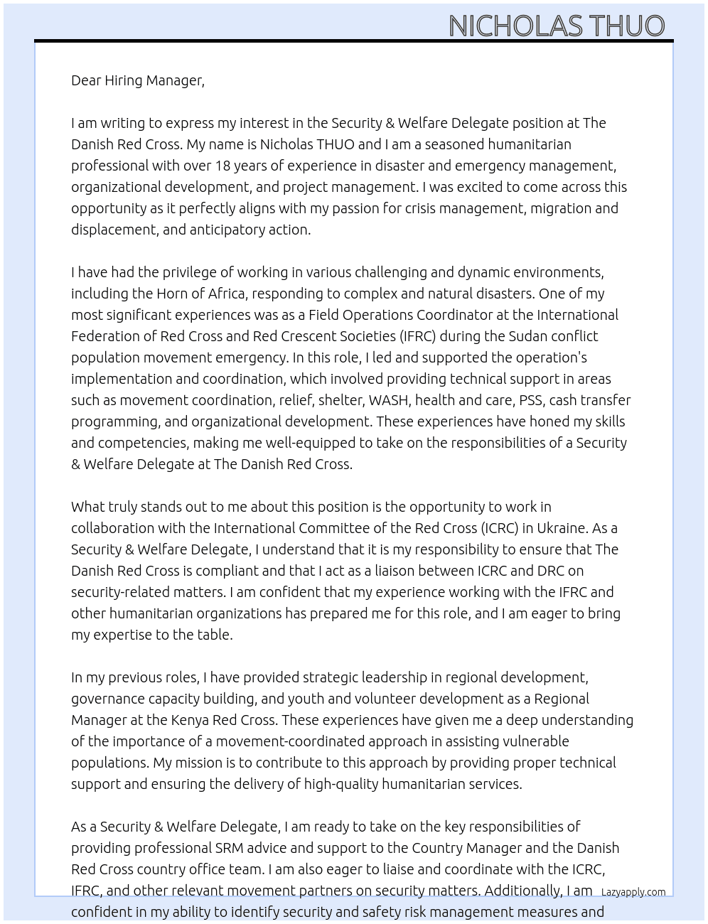 Security & Welfare Delegate  At The Danish Red Cross Cover Letter