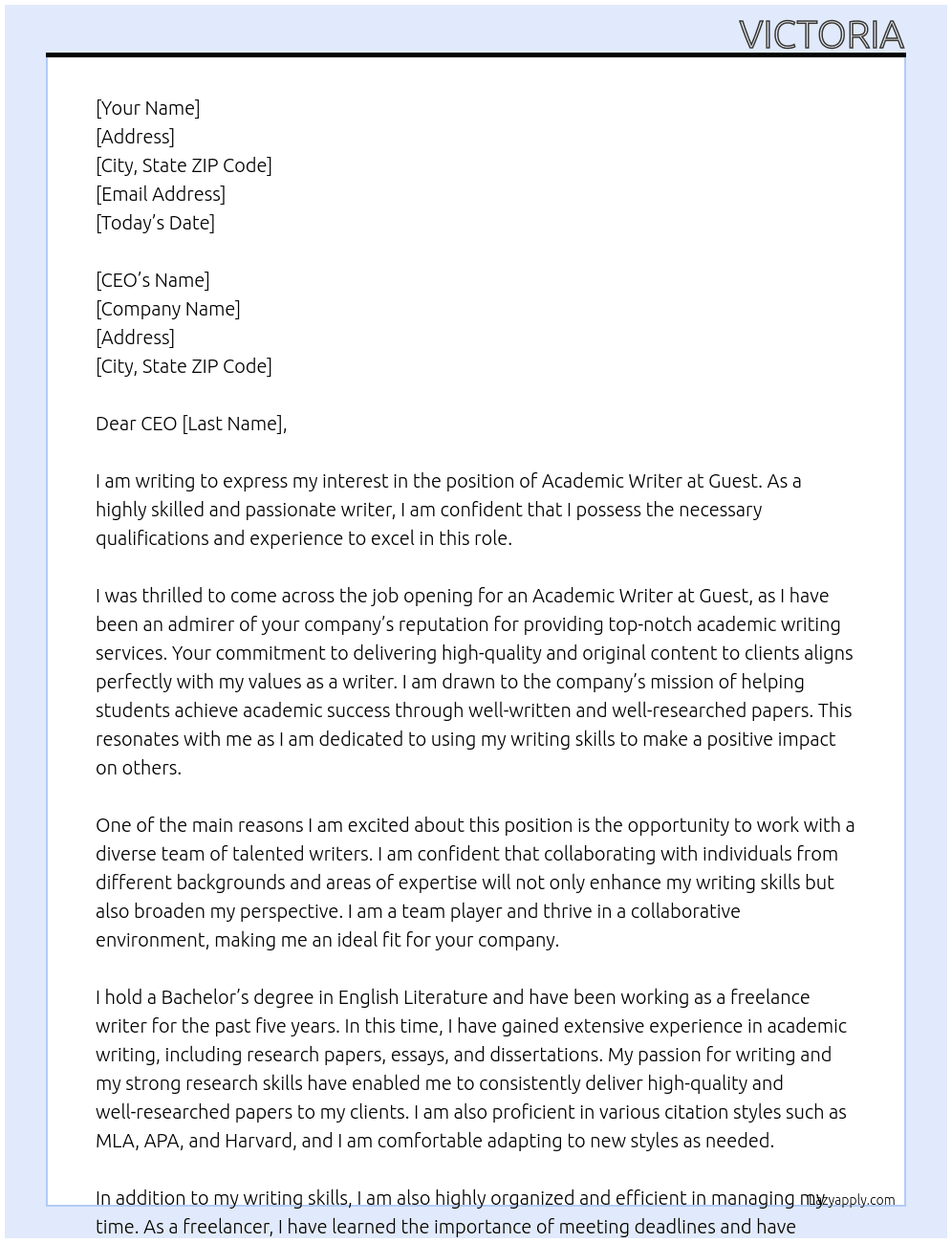 Academic Writer At Guest Cover Letter