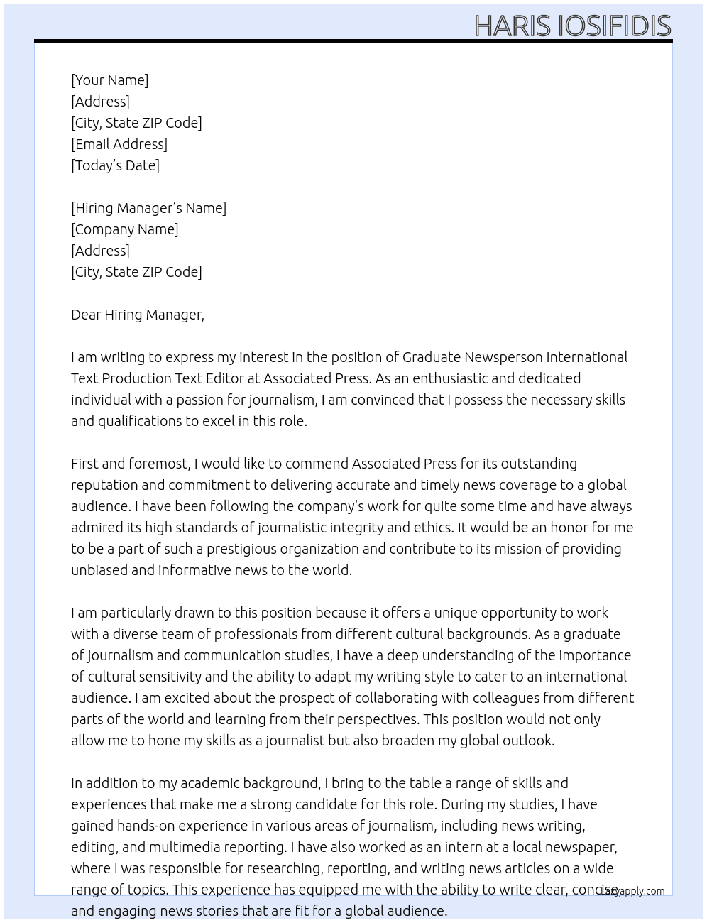 Graduate Newsperson International Text Production Text Editor At Associated Press  Cover Letter