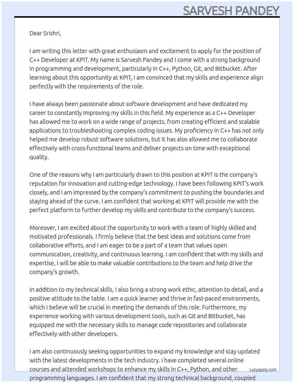 C++ Developer  At KPIT Cover Letter