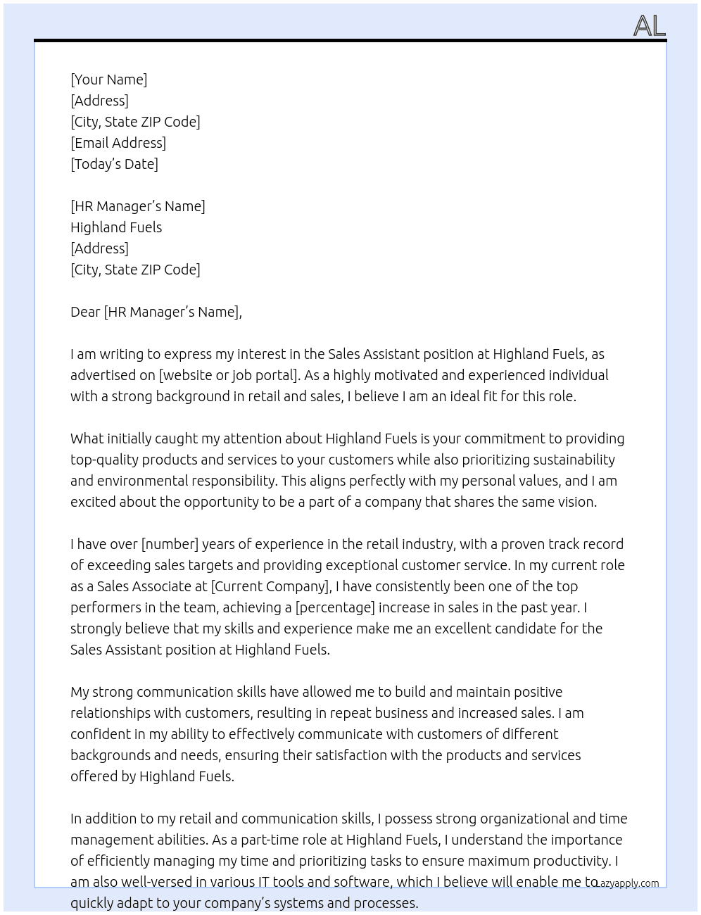 Sales Assistant At Highland Fuels Cover Letter