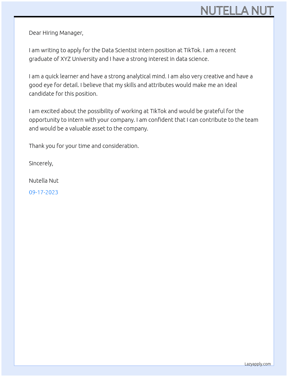 Data Scientist intern At tiktok Cover Letter