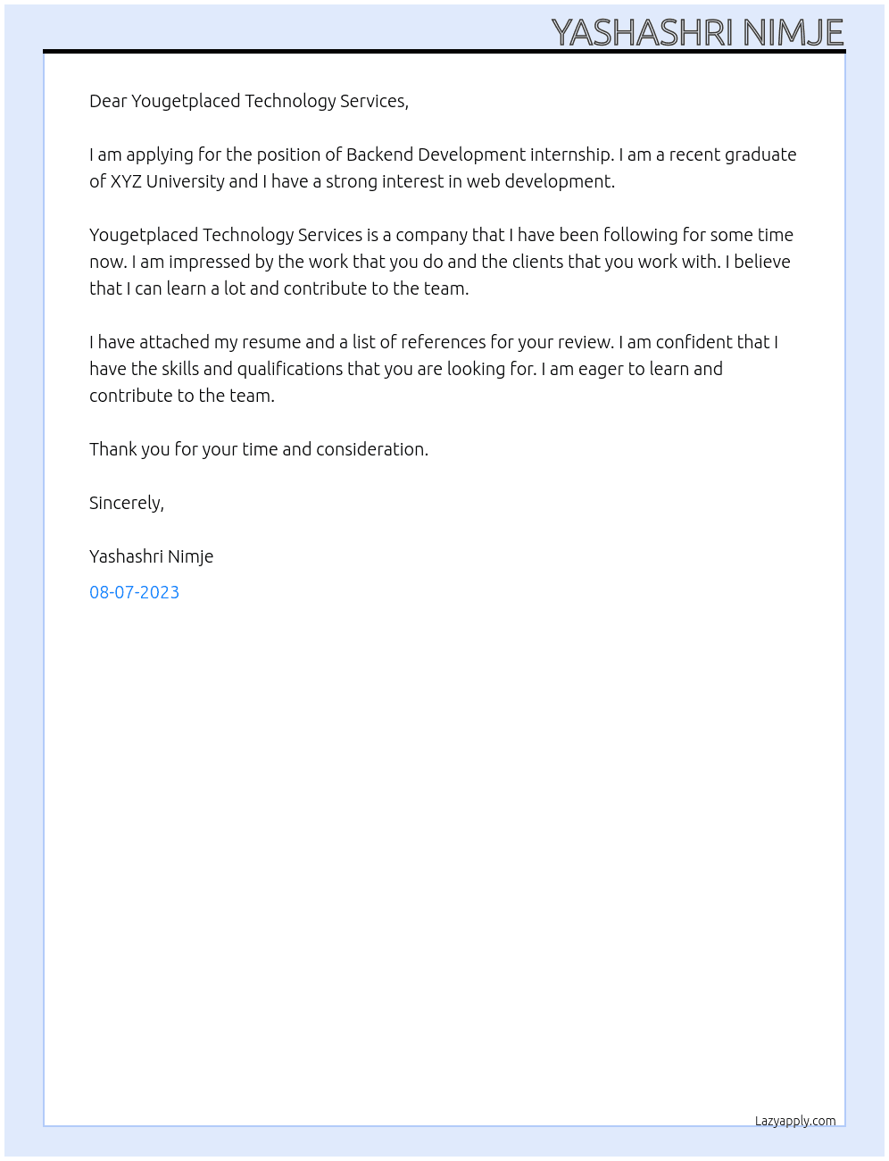 Backend Development internship At Yougetplaced Technology Services Cover Letter