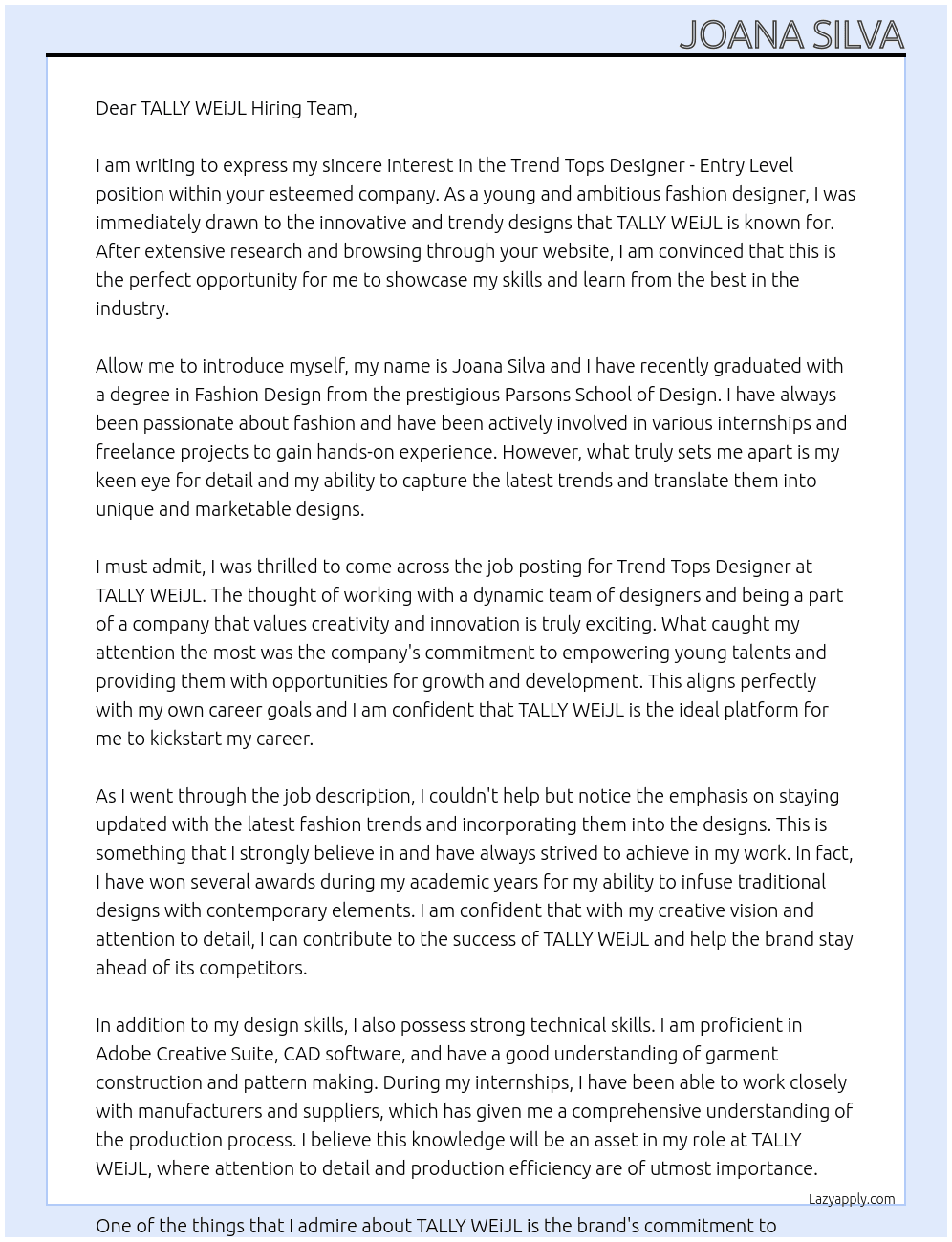 Trend Tops Designer - Entry Level At TALLY WEiJL Cover Letter
