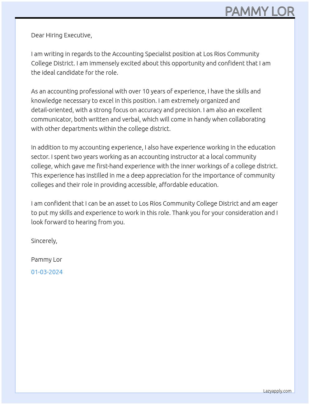 Accounting Specialist At Los Rios Community College District Cover Letter