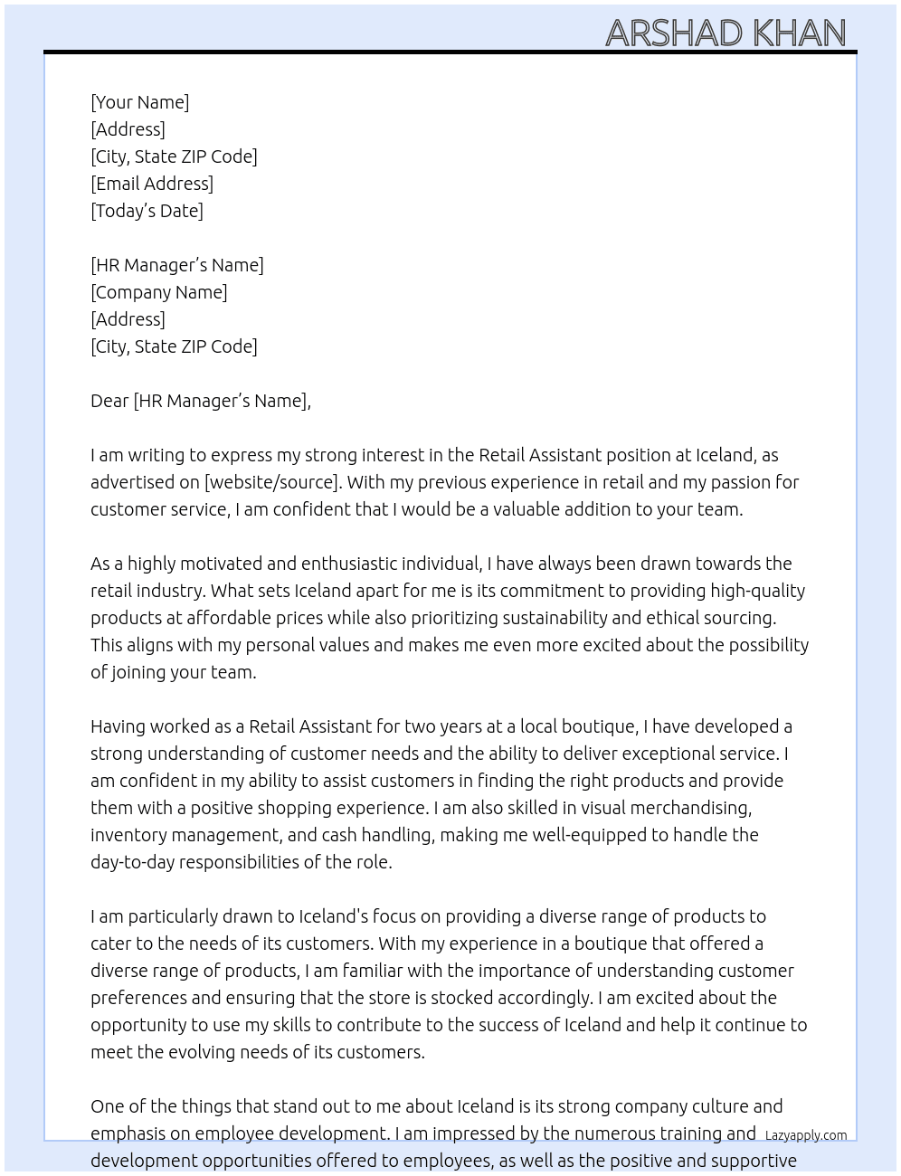 Retail assistant  At Iceland  Cover Letter