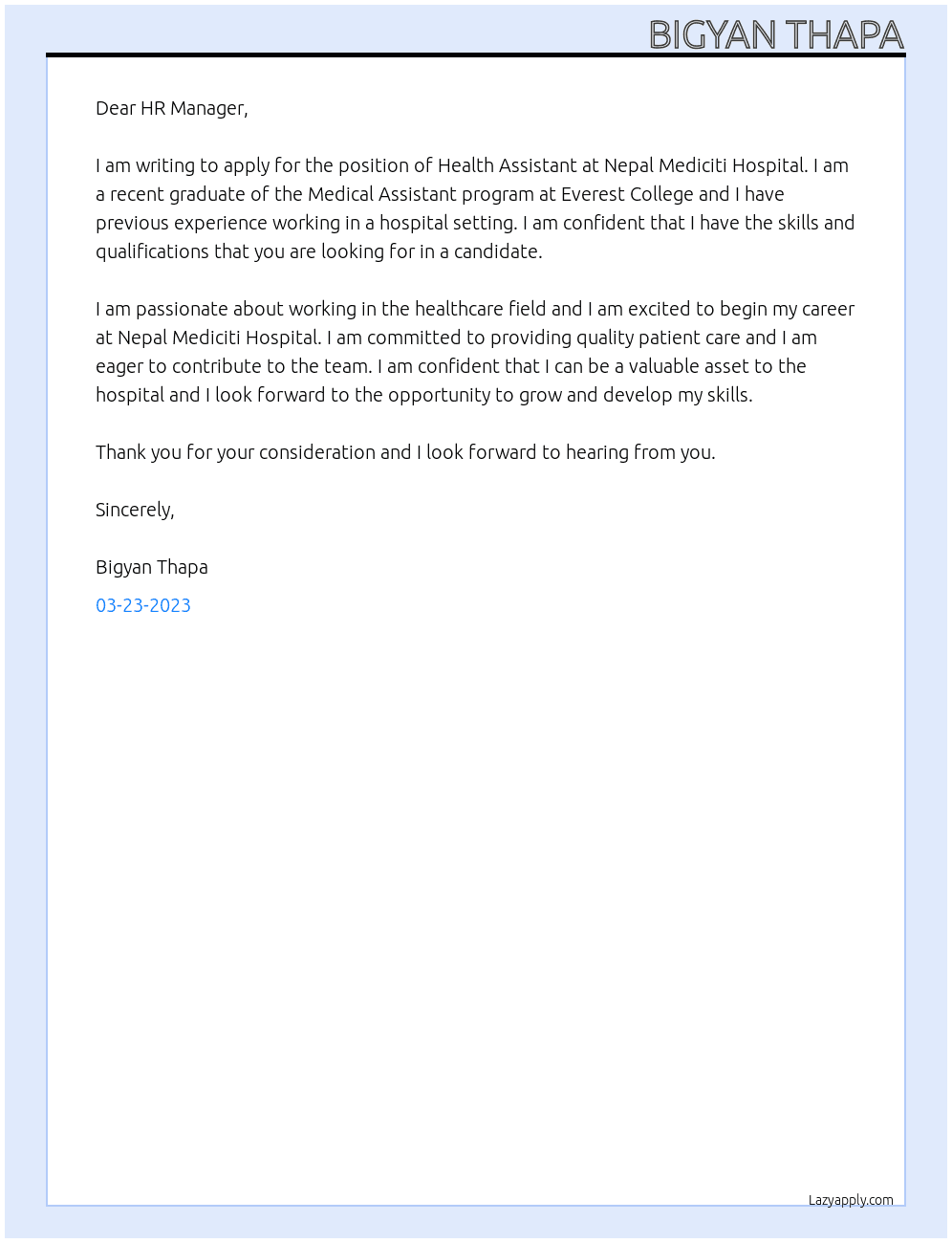 Health Assistany At Nepal Mediciti Hospital Cover Letter