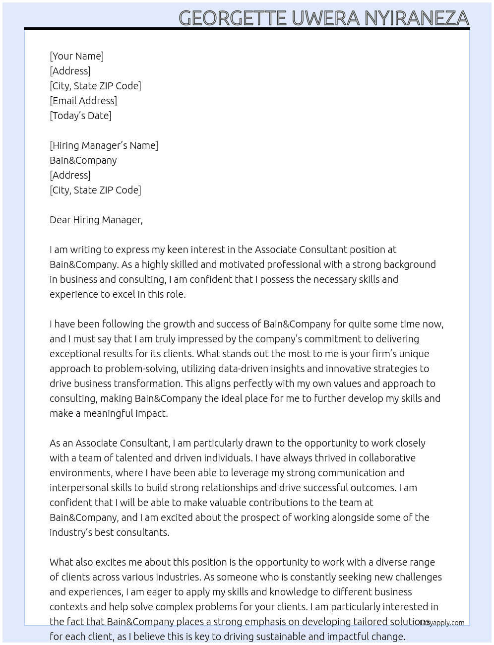 associate consultant At Bain&Company Cover Letter