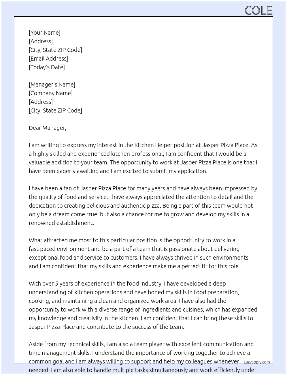 Kitchen Helper At Jasper Pizza Place Cover Letter