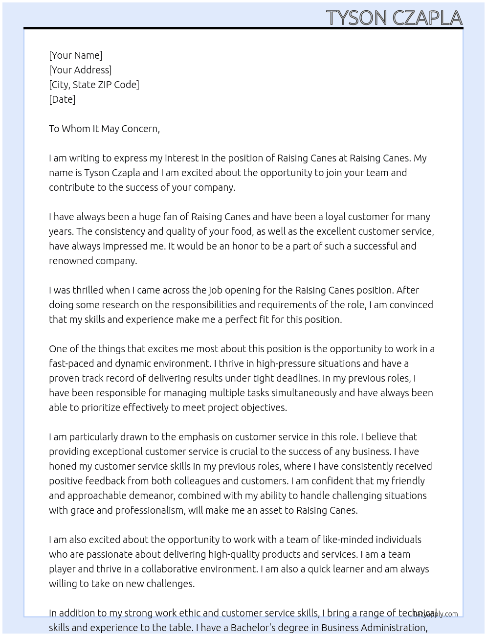 Rasing Canes At Rasing Canes Cover Letter