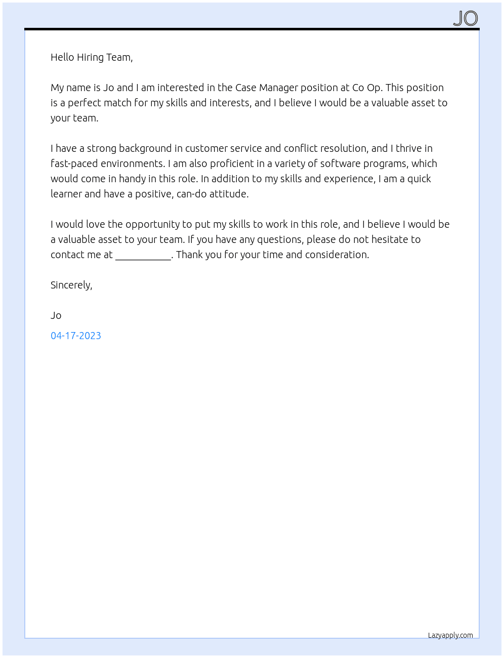 Case Manager At Co Op Cover Letter