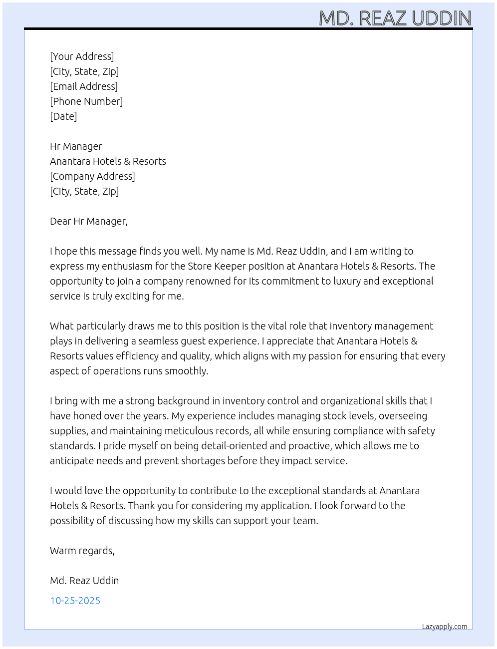 Store keeper  At Anantara Hotels & Resorts Cover Letter