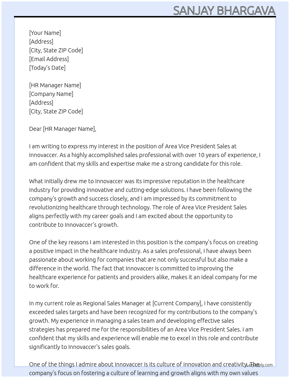 Cover letter for area vice president sales - LazyApply