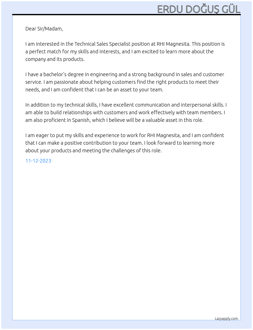 Technical Sales Specialist At RHI Magnesita Cover Letter