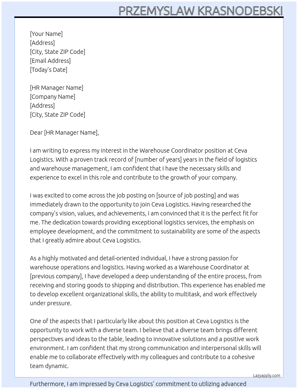 Warehouse coordinator At Ceva Logistics Cover Letter