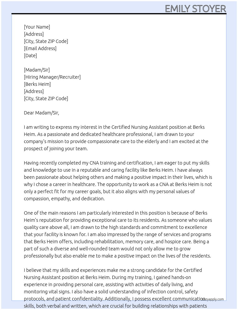 Certified Nursing Assistant At Berks Heim Cover Letter