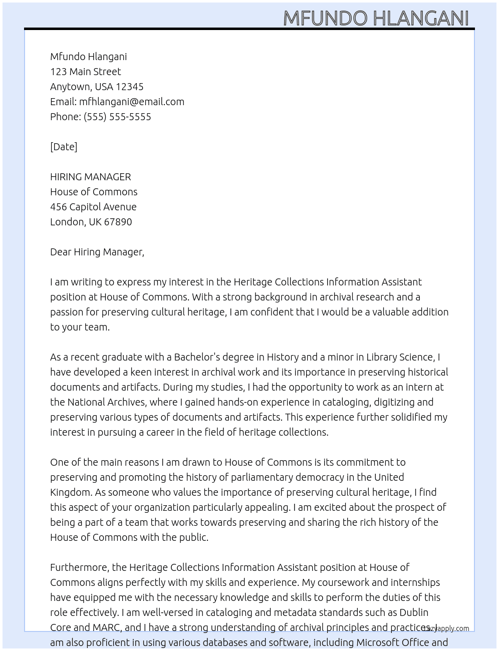 Heritage Collections Information Assistant At House of Commons Cover Letter