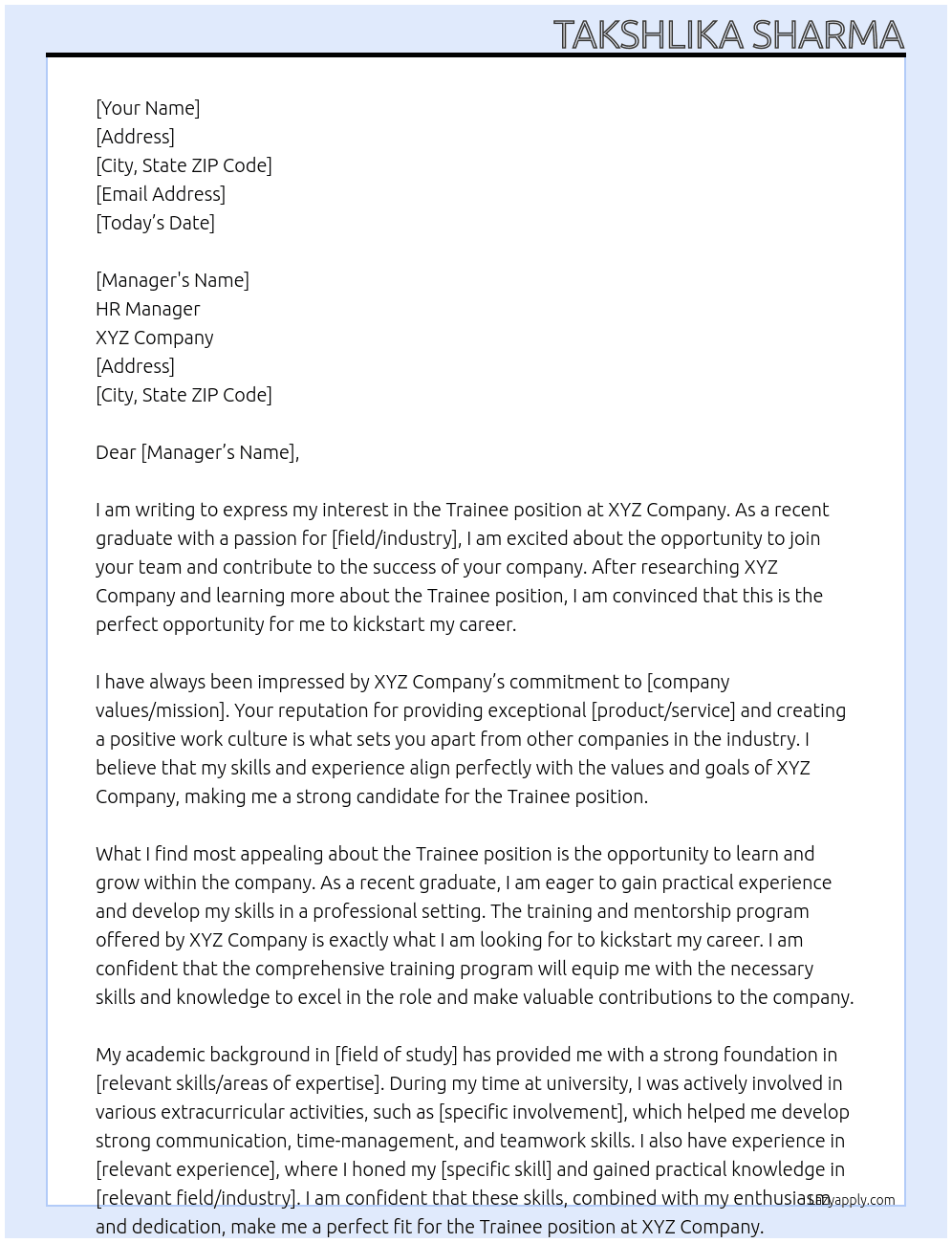 Trainee  At Xyz Cover Letter