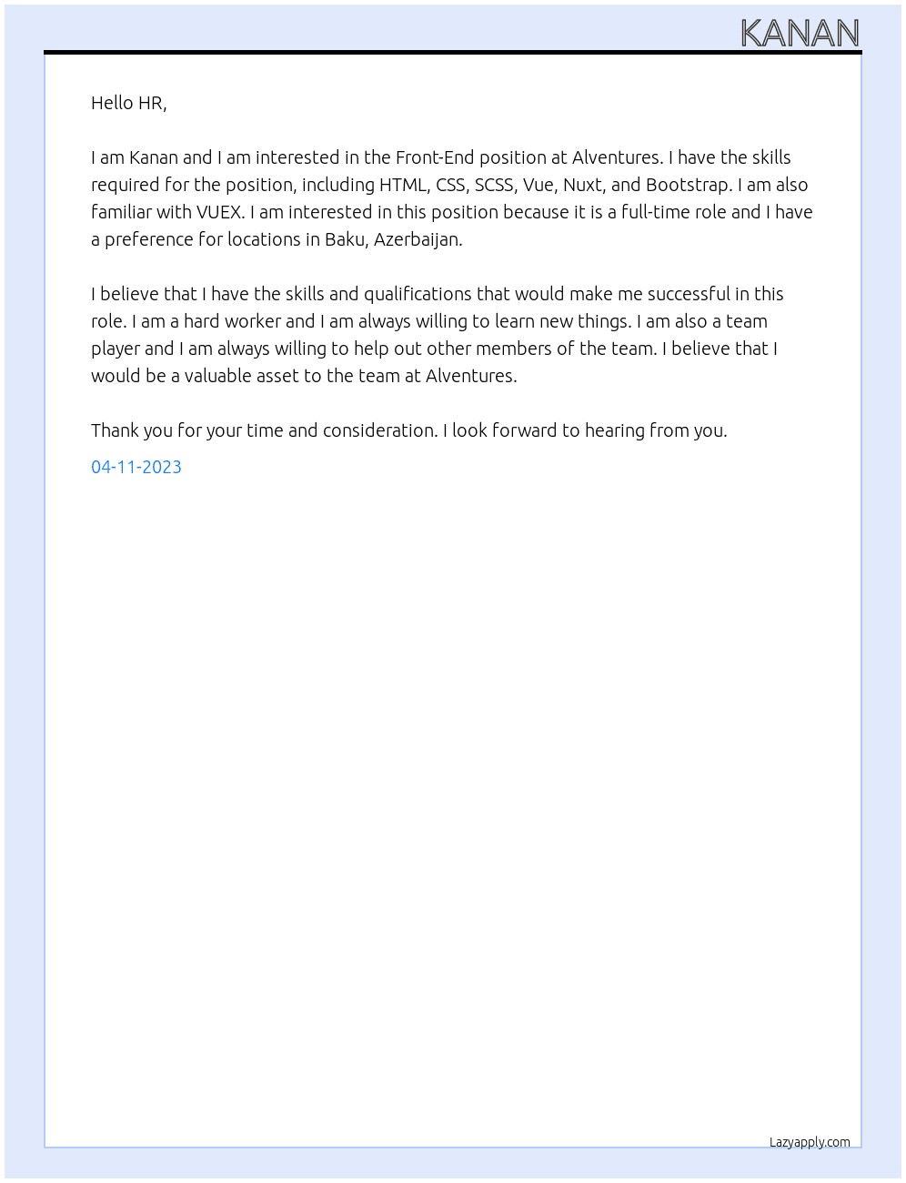 Front-End  At Alventures Cover Letter