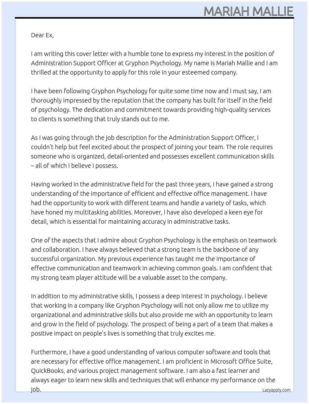 Administration Support Officer At Gryphon Psychology Cover Letter