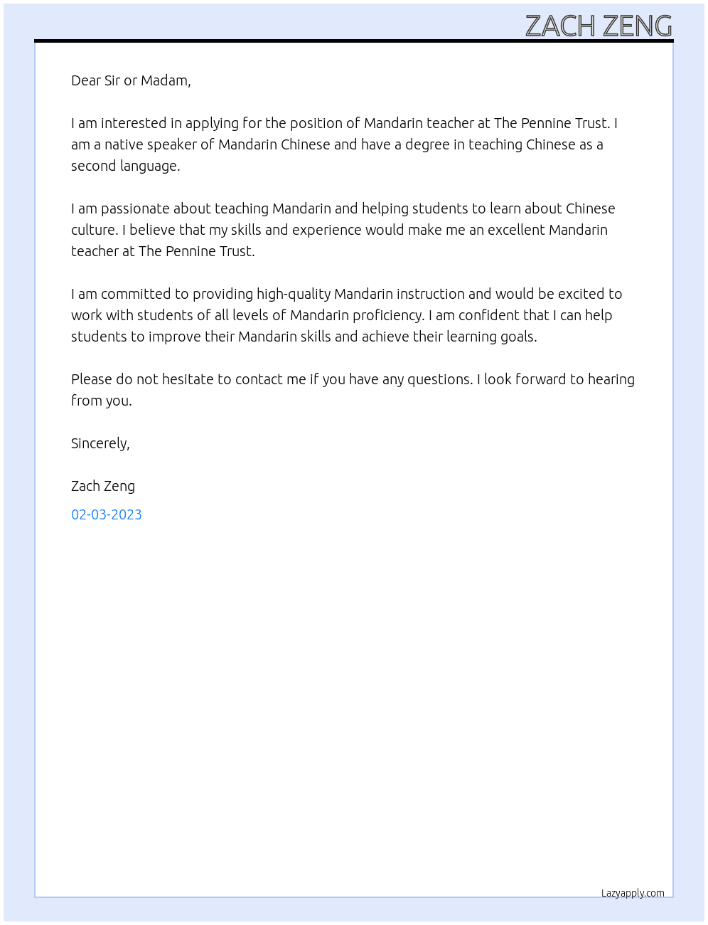 Mandarin teacher At The Pennine Trust Cover Letter