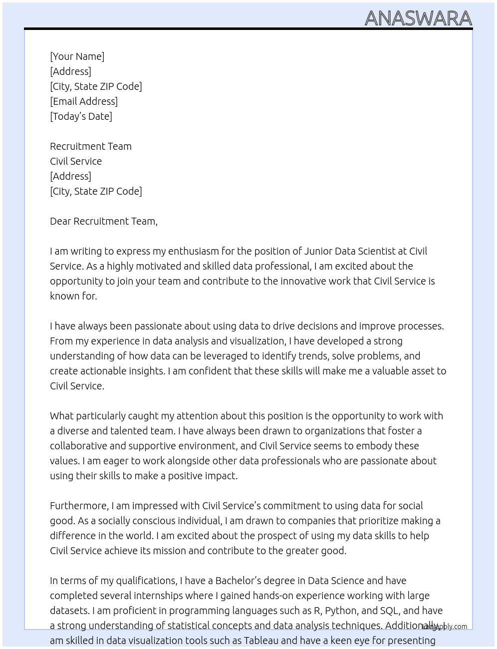 Junior Data Scientist At Civil Service Cover Letter
