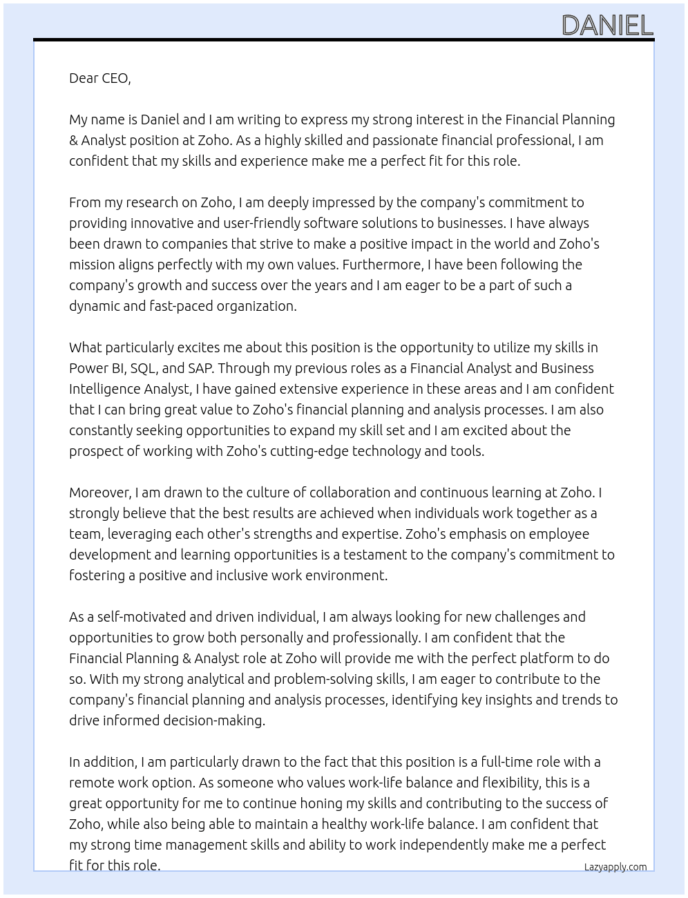 Financial Planning & Analyst At Zoho Cover Letter