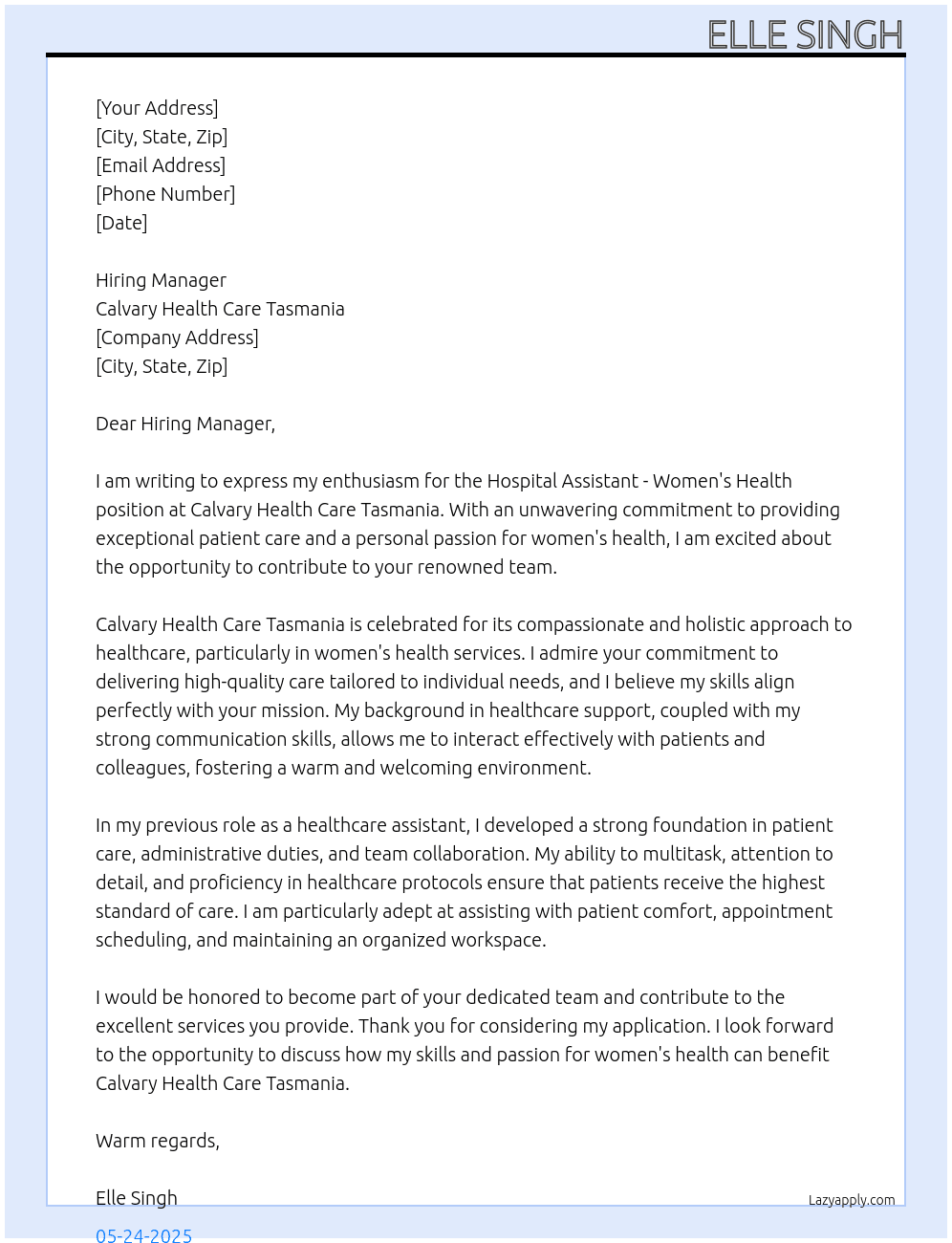 Cover letter for hospital assistant - women's health - LazyApply