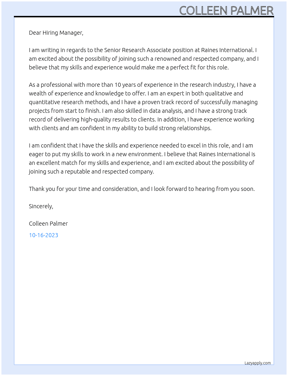 Senior Research Associate At Raines International  Cover Letter