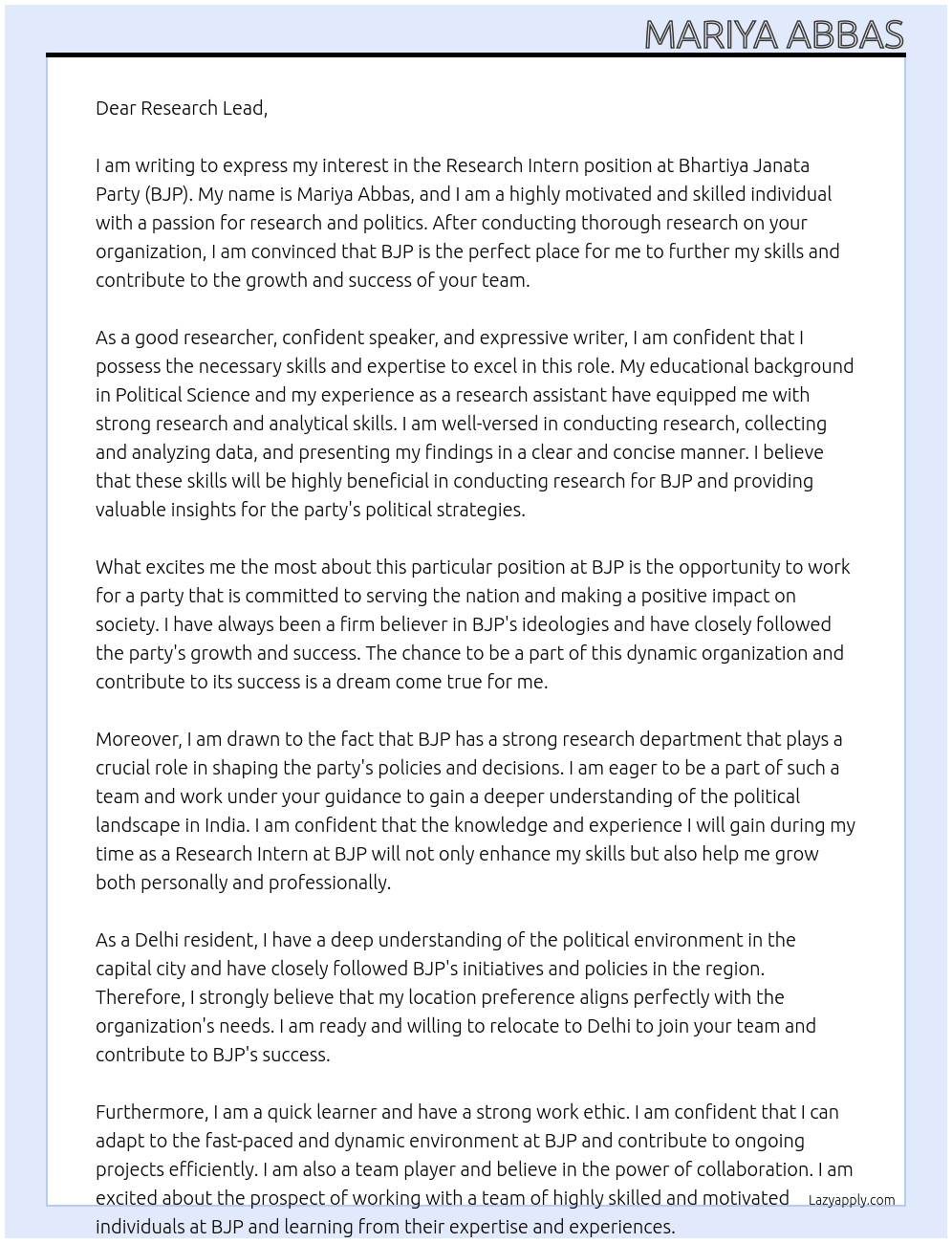 Research Intern At Bhartiya Janata Party (BJP) Cover Letter