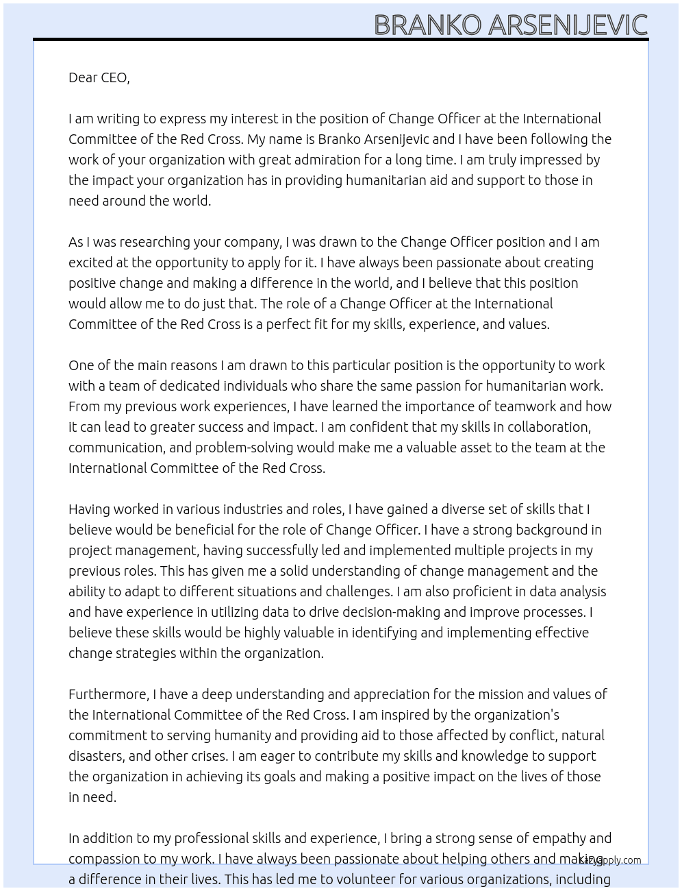 Change Officer At International Commitee of the red cross Cover Letter