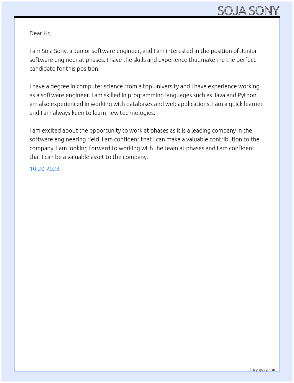 Junior software engineer  At phases Cover Letter