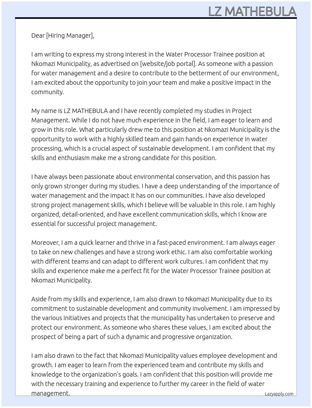 Cover letter for water processor trainee - LazyApply