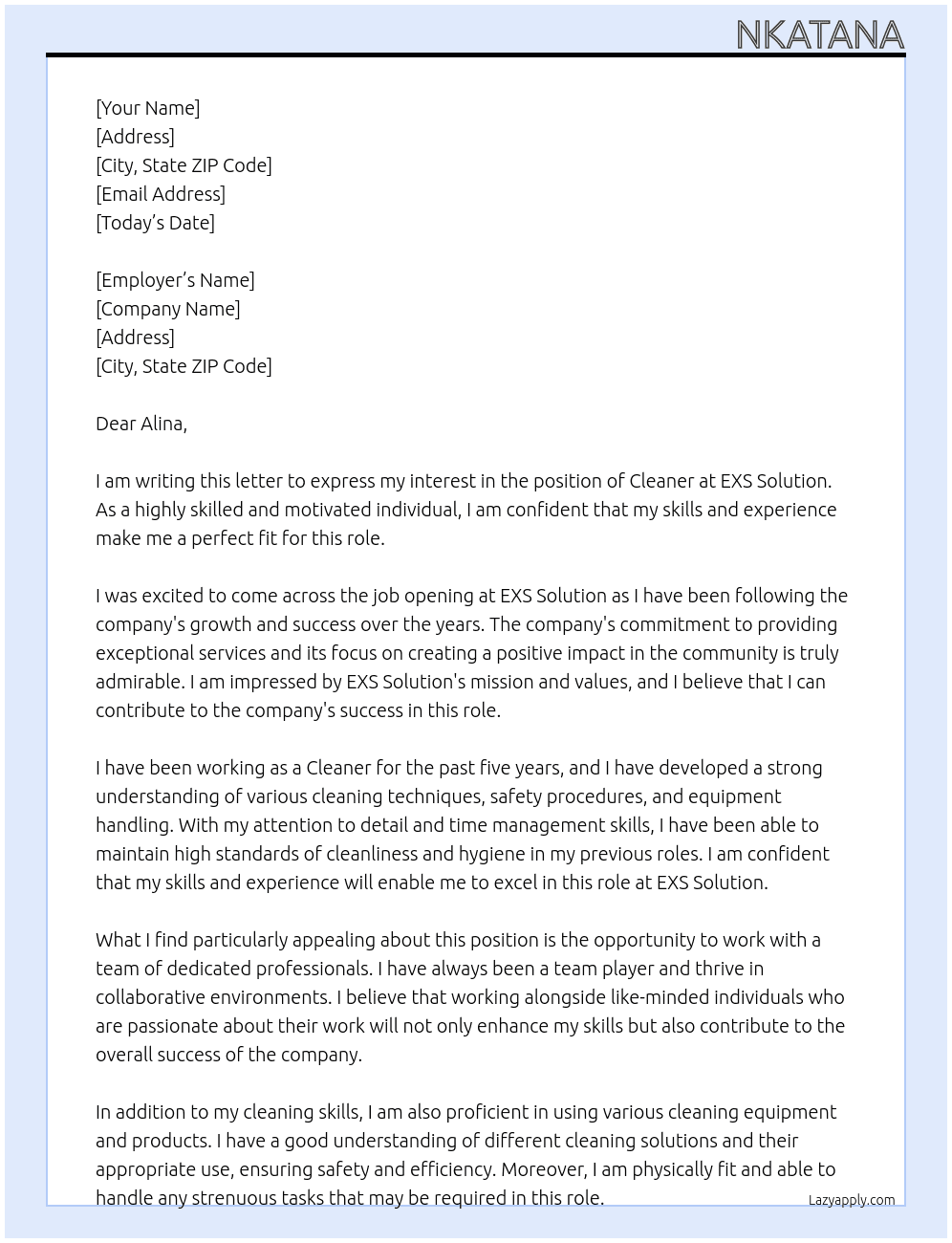 Cleaner At exs solution Cover Letter